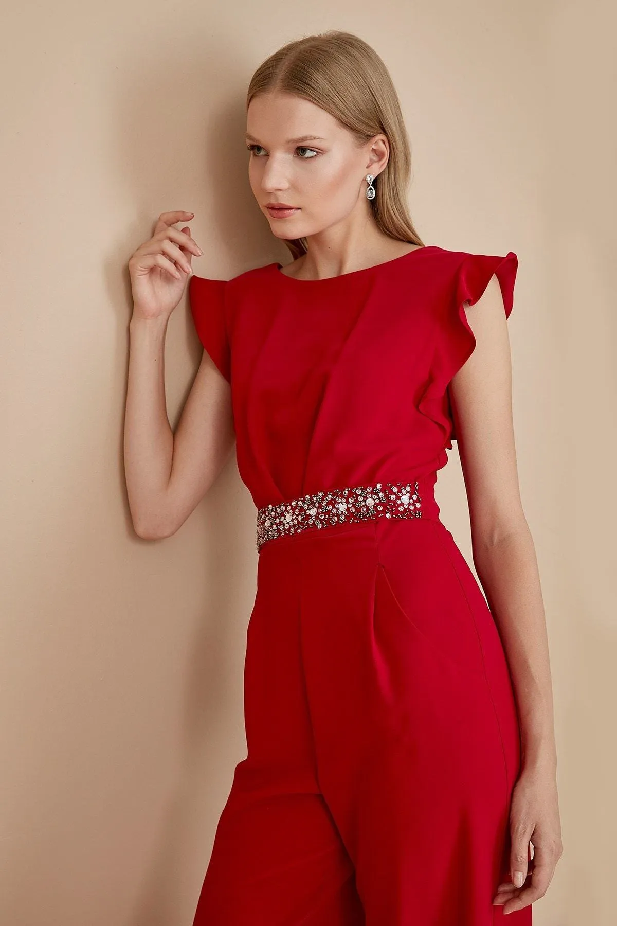 16120 Red Stone Detail Waistband Jumpsuit