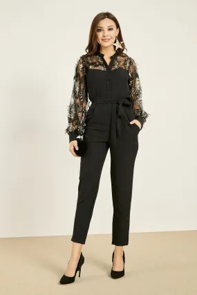 16135 Black-Gold Tulle Applique Jumpsuit