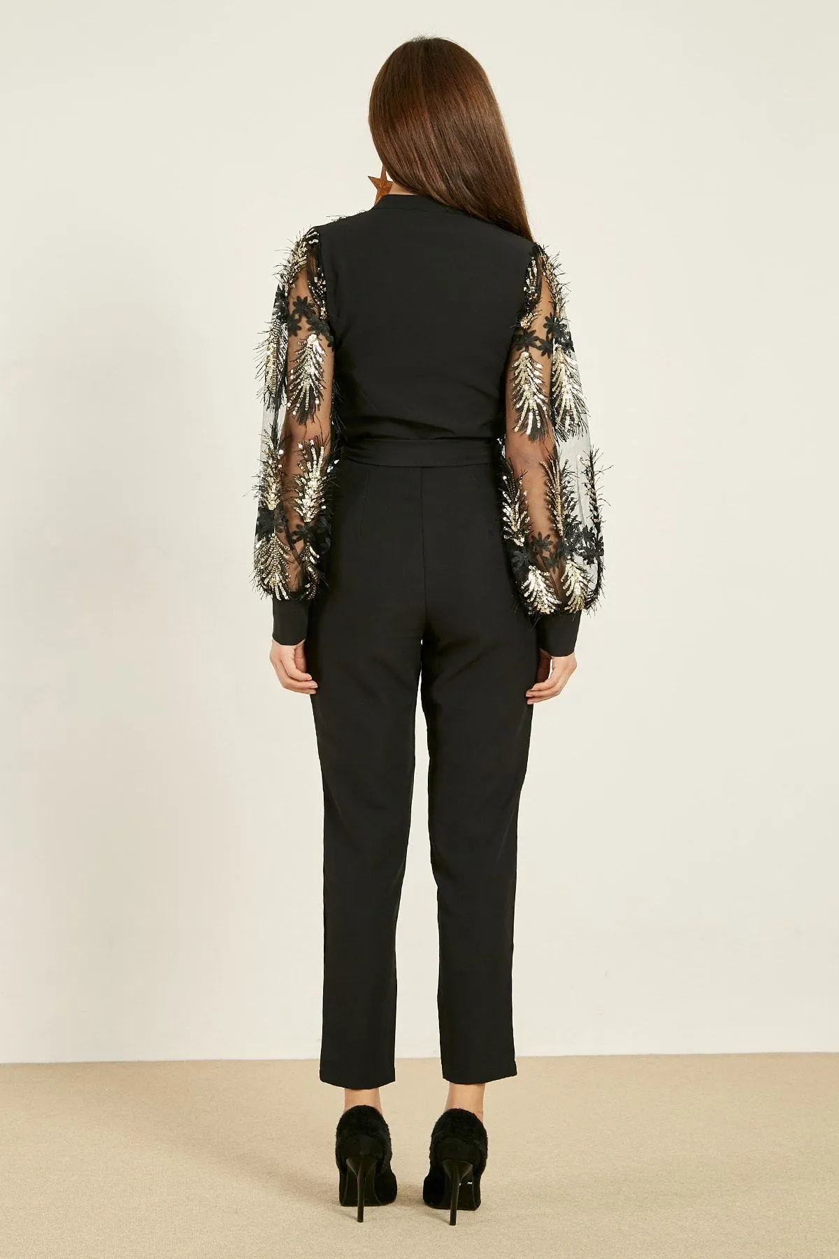 16135 Black-Gold Tulle Applique Jumpsuit