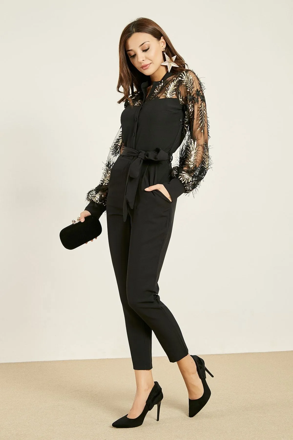 16135 Black-Gold Tulle Applique Jumpsuit