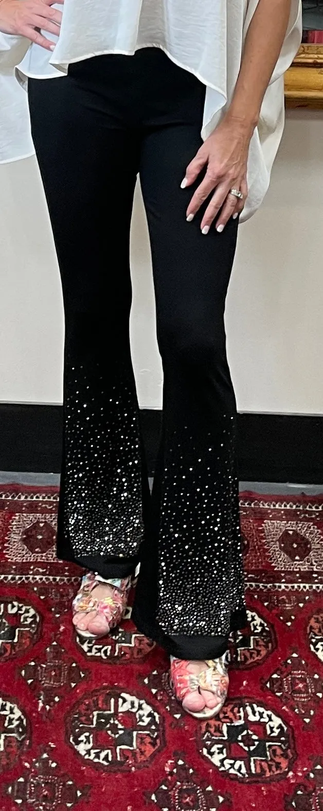 Black Flared Pant with Stone Accents