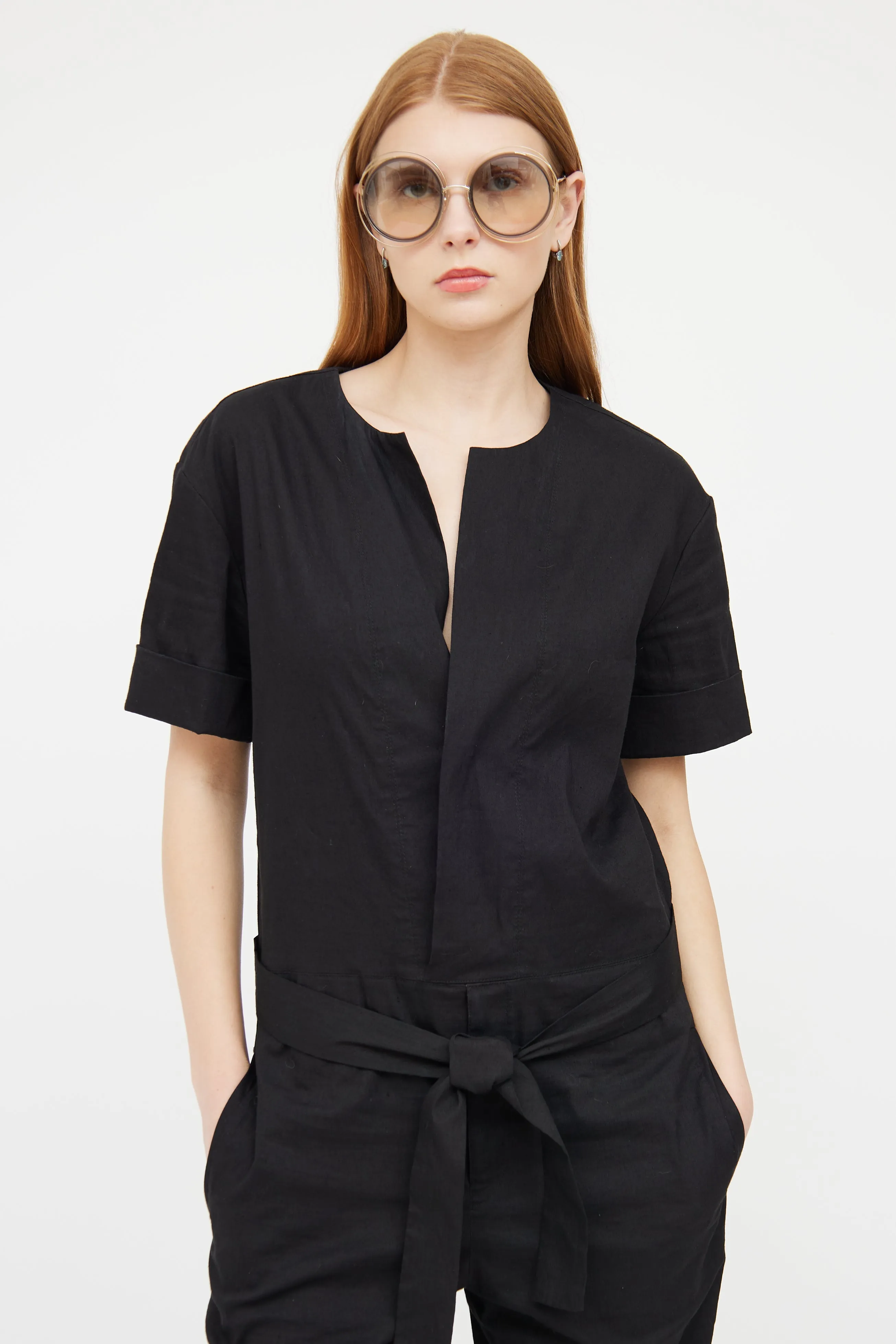 Black Linen Short Sleeve Jumpsuit