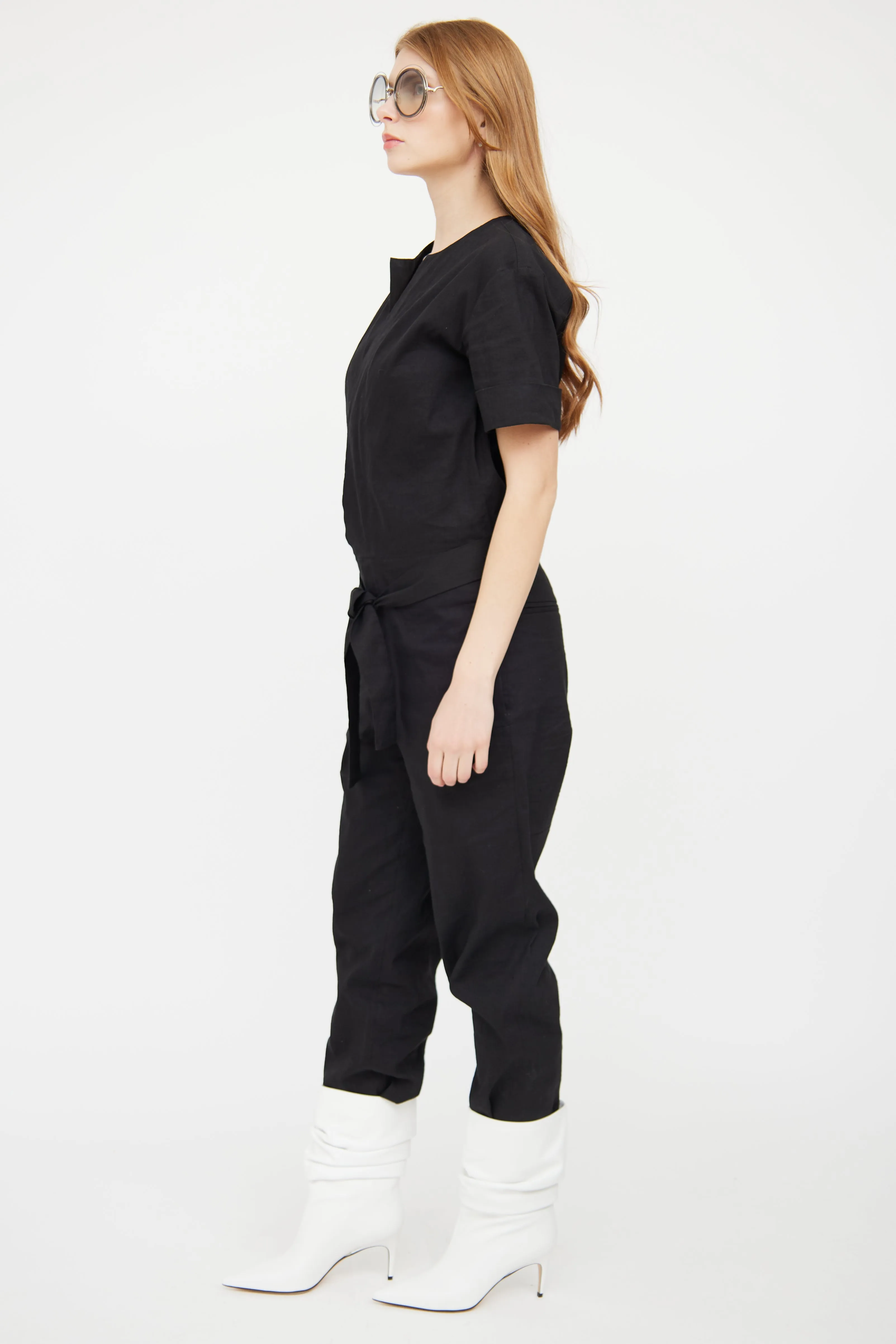 Black Linen Short Sleeve Jumpsuit