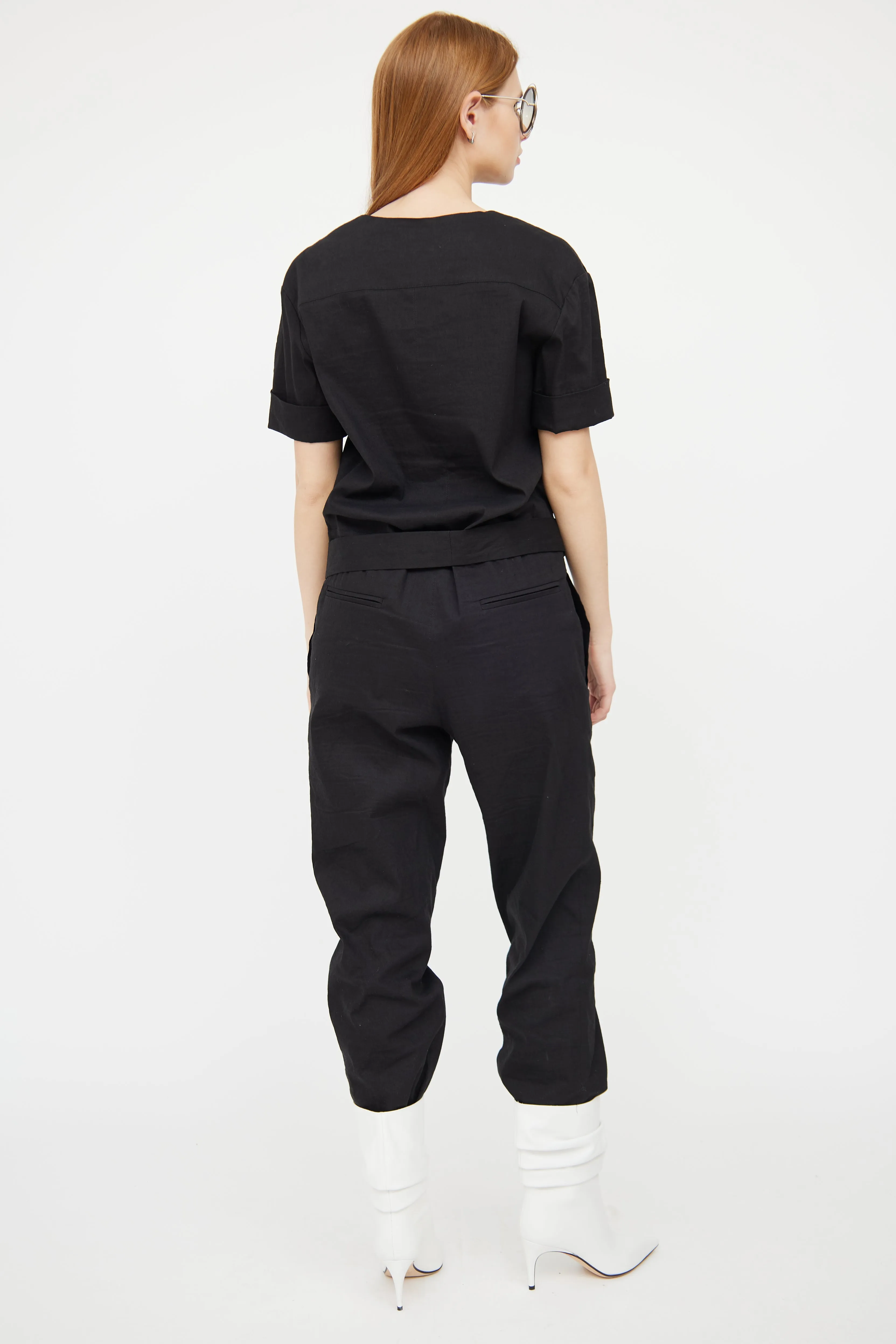 Black Linen Short Sleeve Jumpsuit