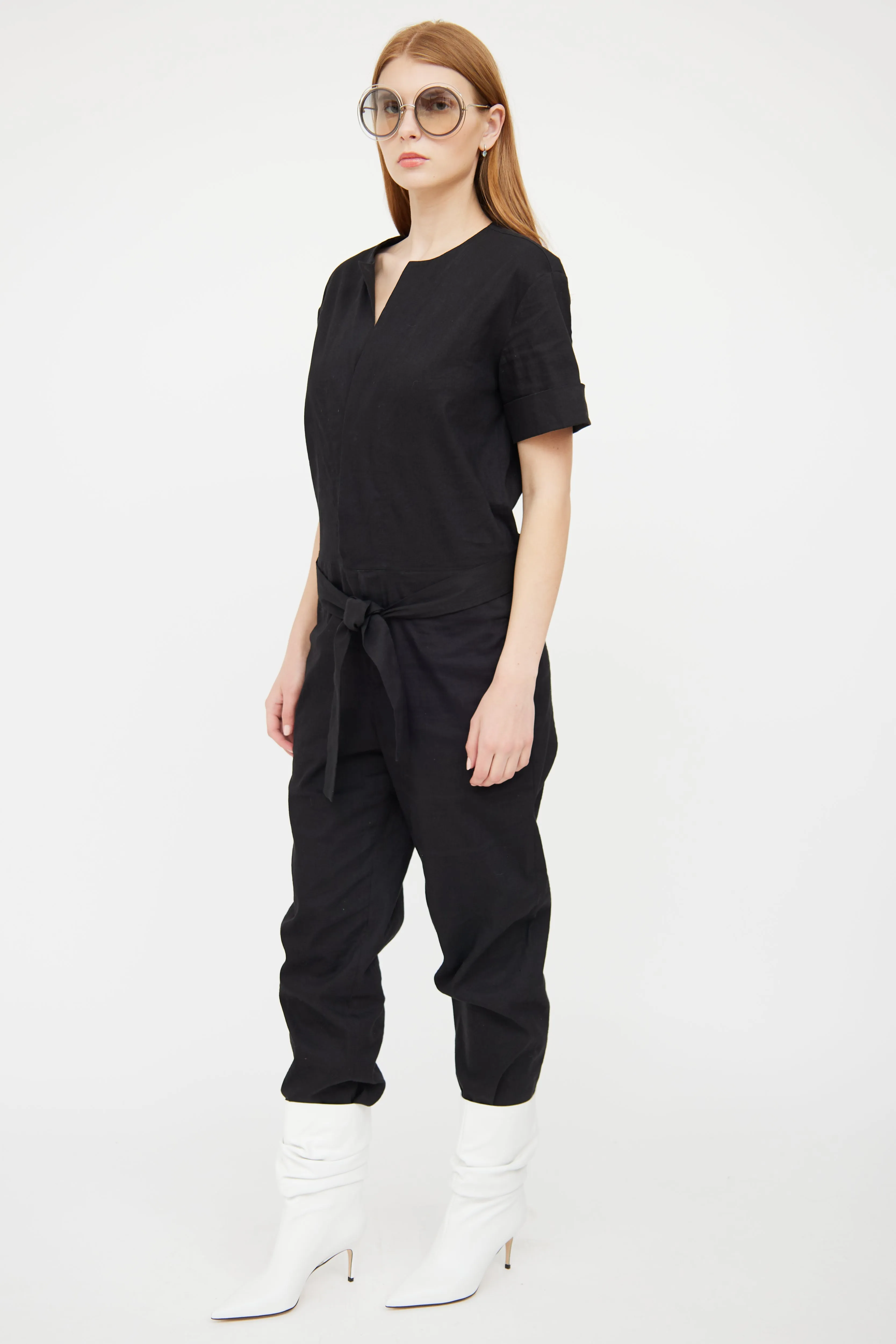 Black Linen Short Sleeve Jumpsuit
