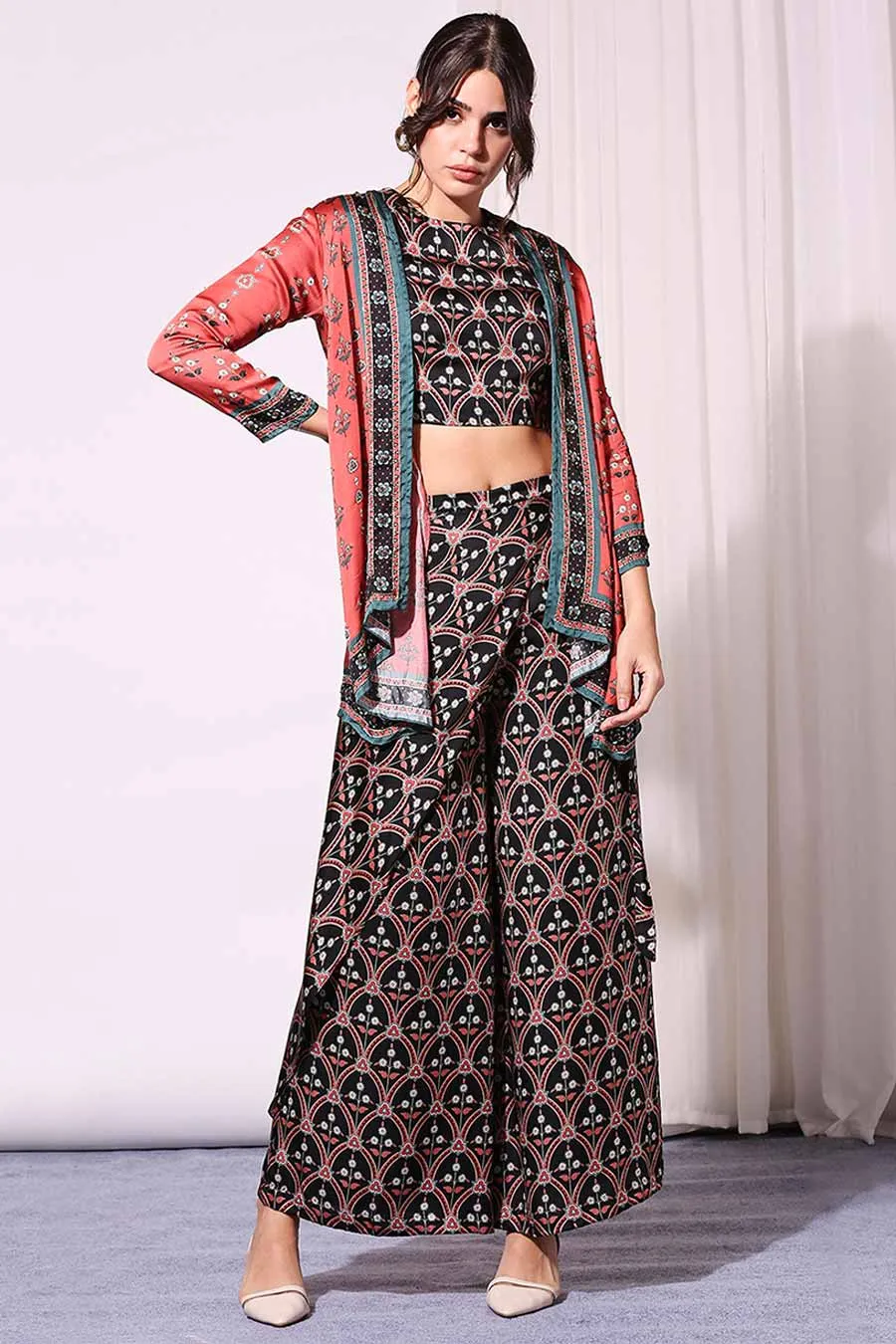 Black Printed Co-Ord Set With Jacket