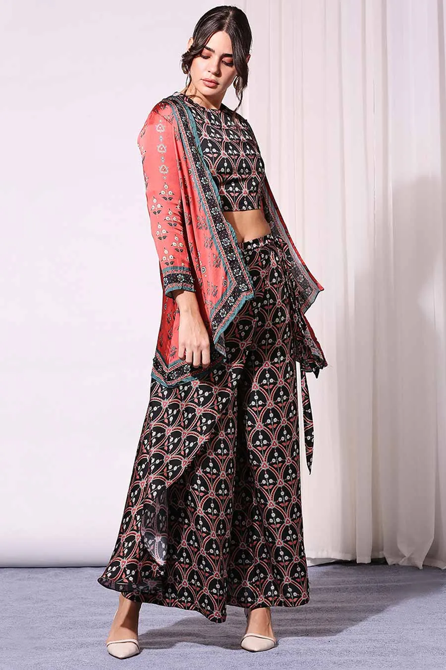 Black Printed Co-Ord Set With Jacket