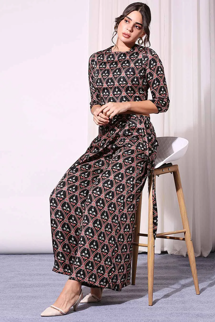Black Printed Co-Ord Set With Jacket