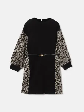 Blue Giraffe Girls Black Geometric Mock Neck Full Sleeves Shift Dress
