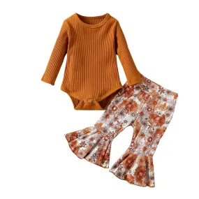 Brown Floral Flared Pants Baby Set