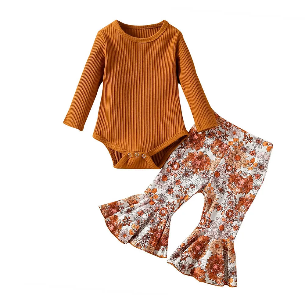 Brown Floral Flared Pants Baby Set