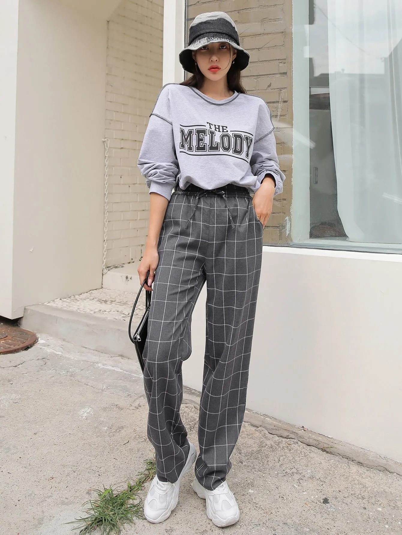 Casual Plaid Knot High Waist Long Women Pants