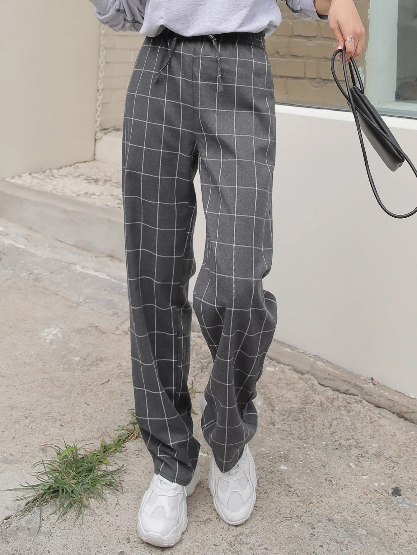 Casual Plaid Knot High Waist Long Women Pants