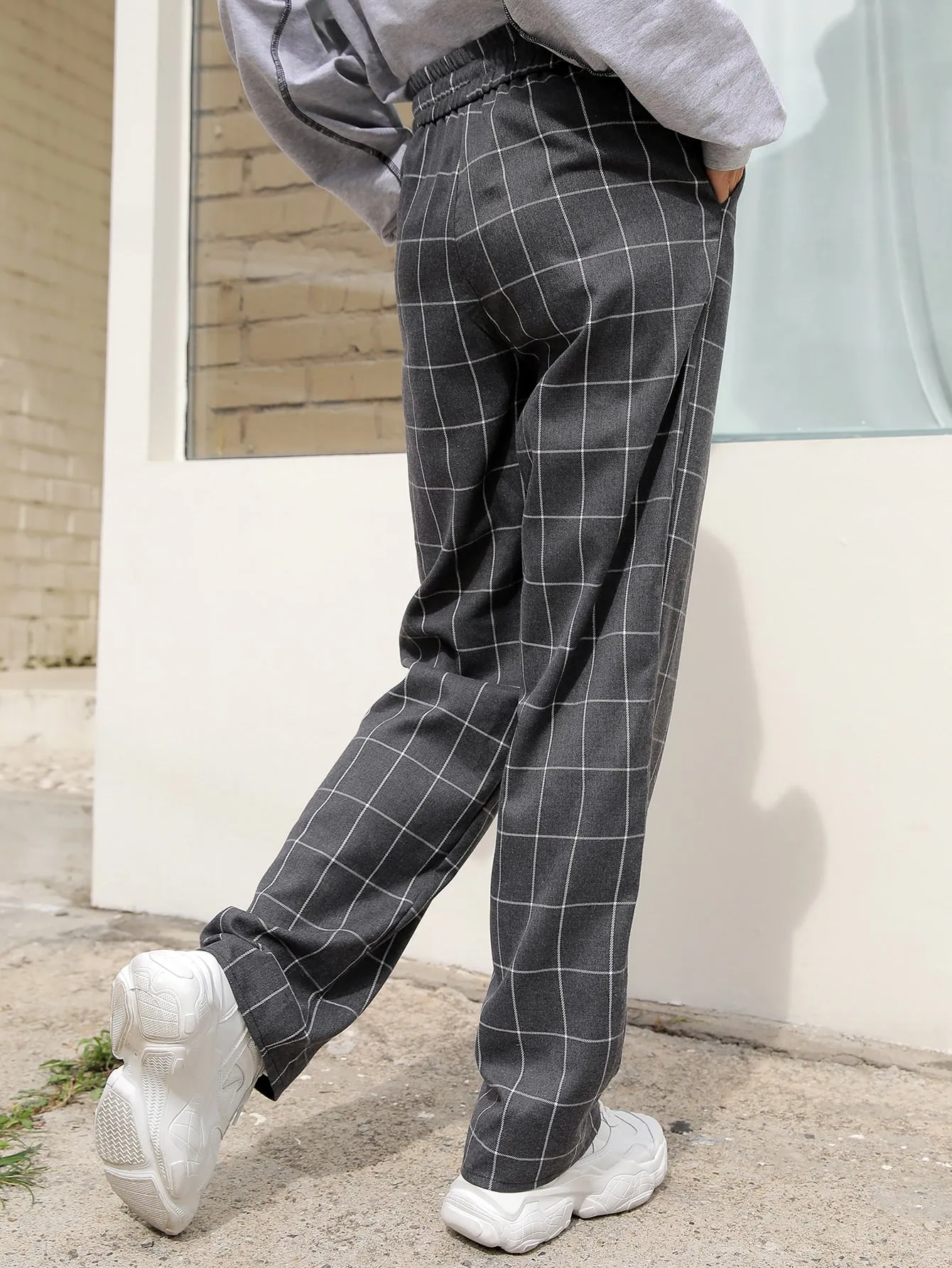 Casual Plaid Knot High Waist Long Women Pants