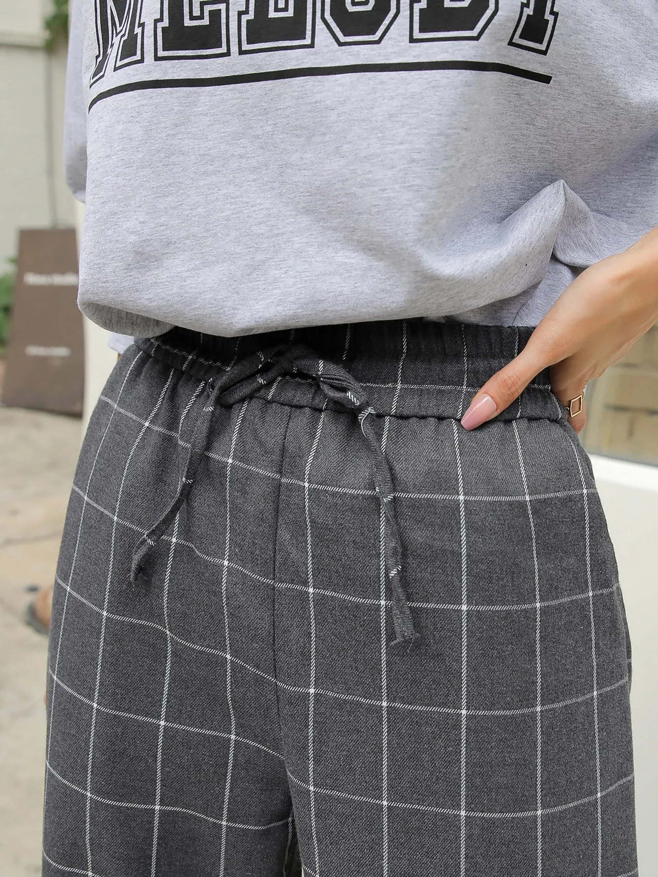 Casual Plaid Knot High Waist Long Women Pants