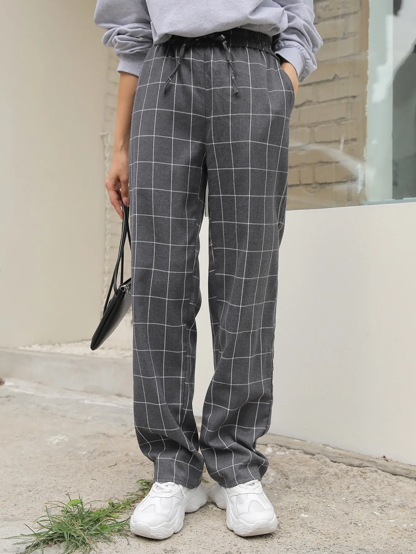 Casual Plaid Knot High Waist Long Women Pants