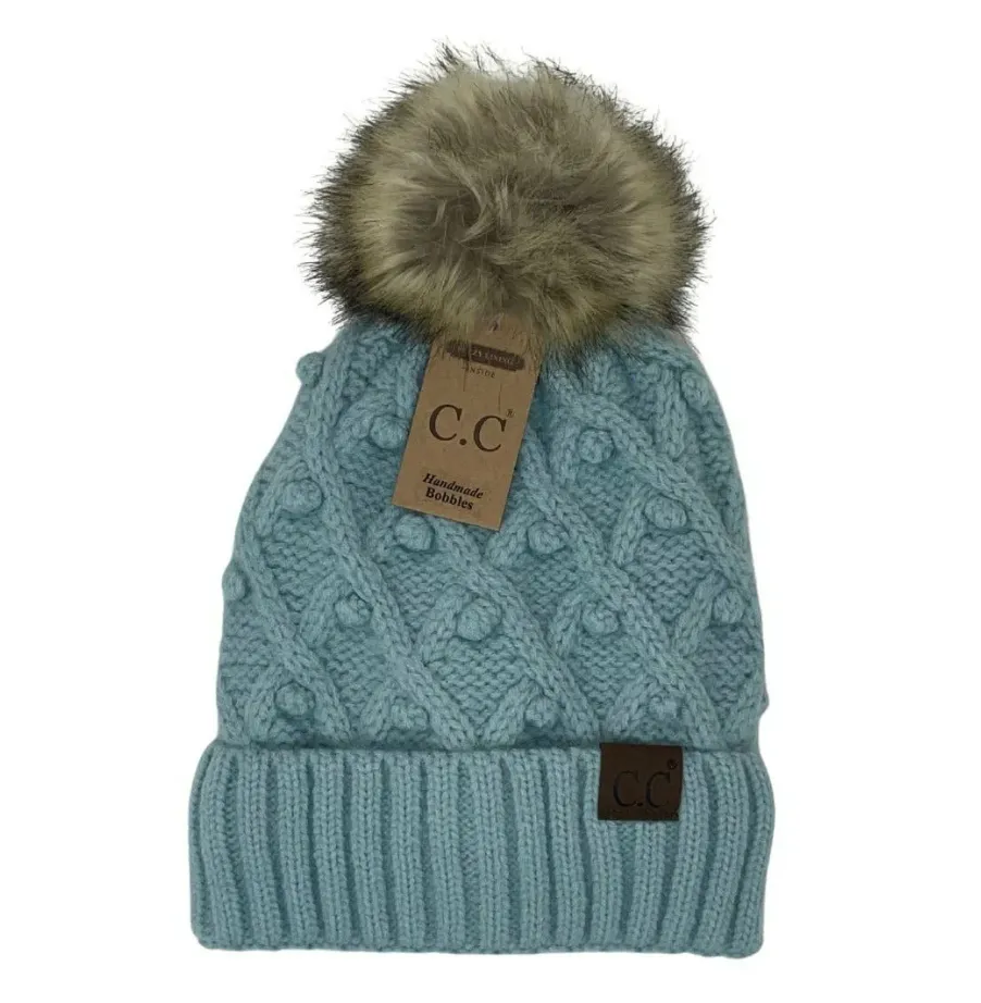 CC Beanie - Bobble Knit Fur Pom