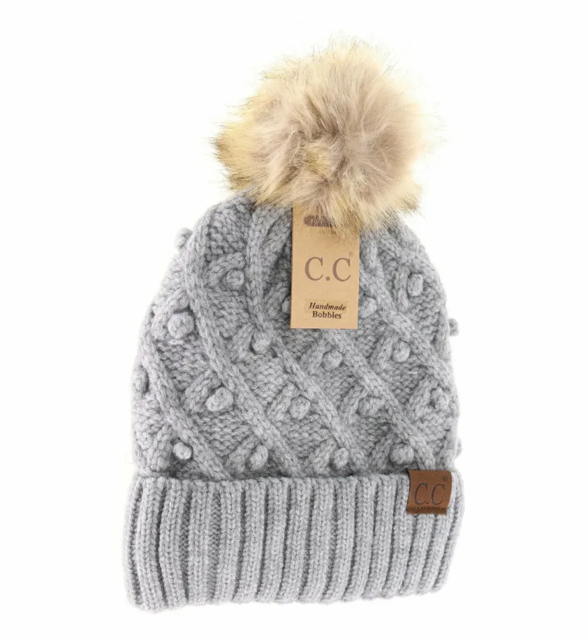 CC Beanie - Bobble Knit Fur Pom