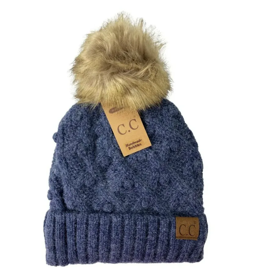CC Beanie - Bobble Knit Fur Pom