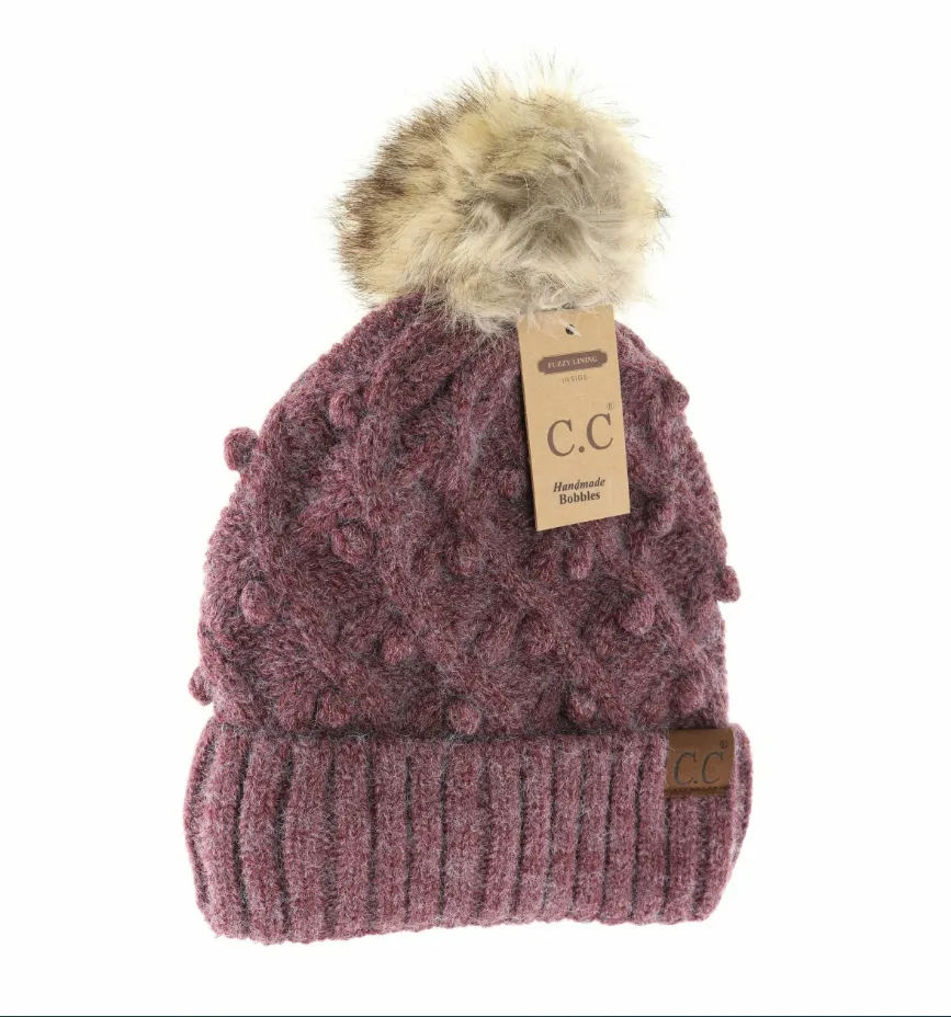 CC Beanie - Bobble Knit Fur Pom