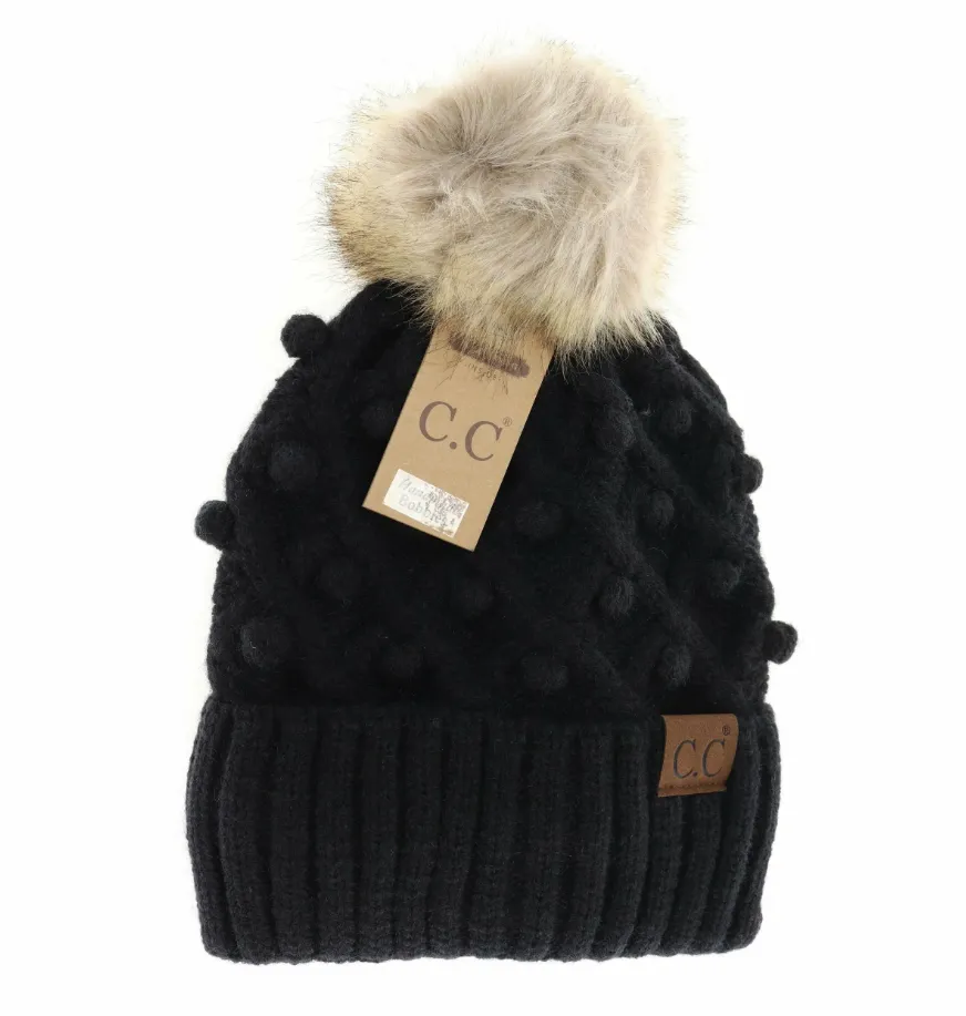 CC Beanie - Bobble Knit Fur Pom