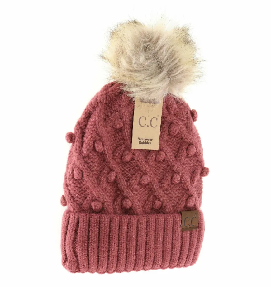 CC Beanie - Bobble Knit Fur Pom