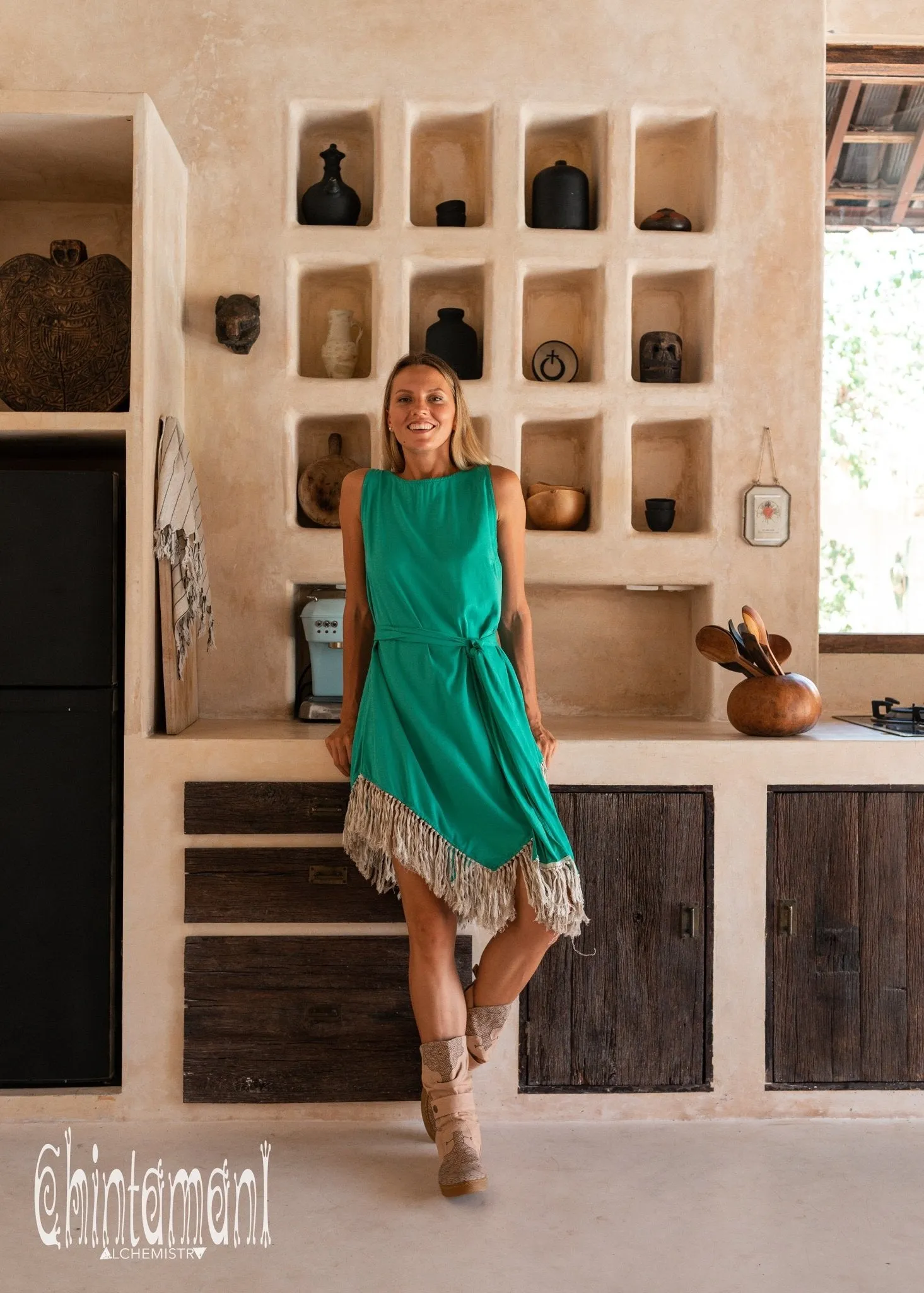 Cotton Corner Fringe Dress for Women / Green