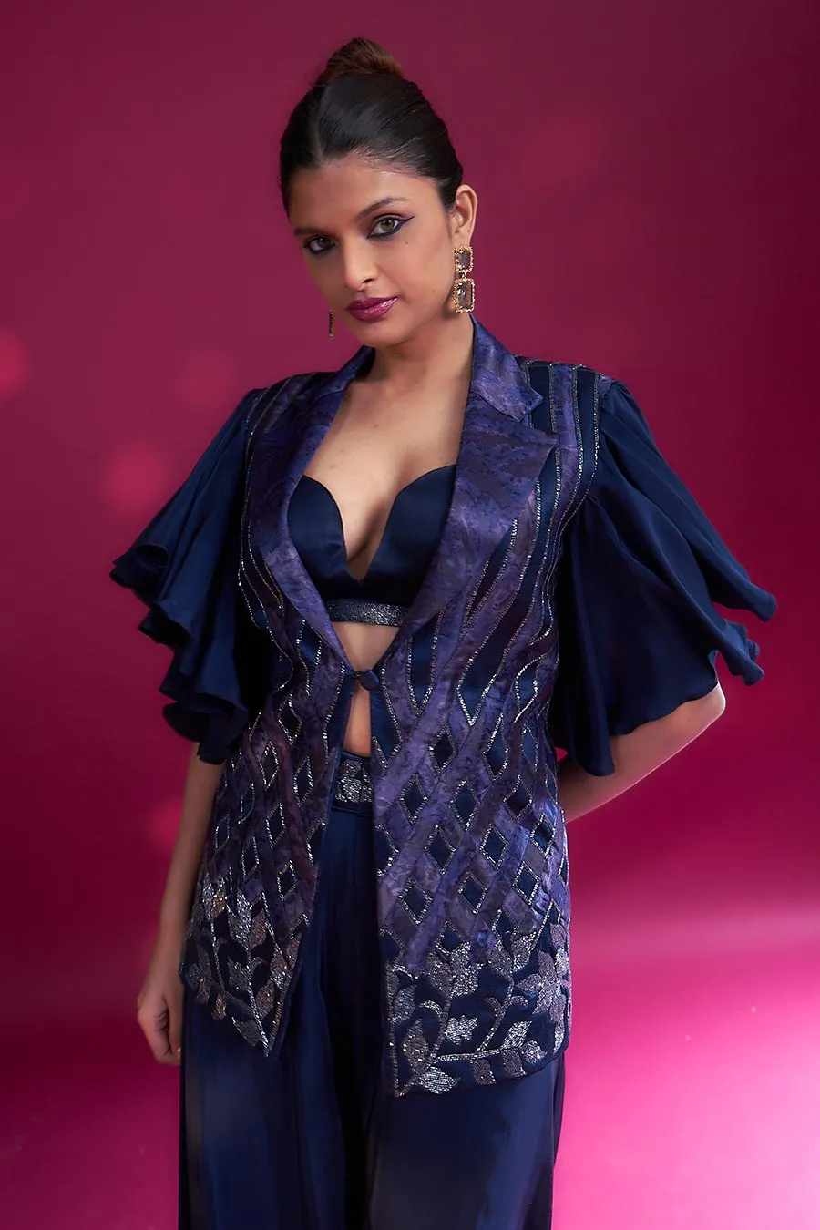 Deep Blue Ajrakh Embroidered Bralette, Blazer & Pant Set