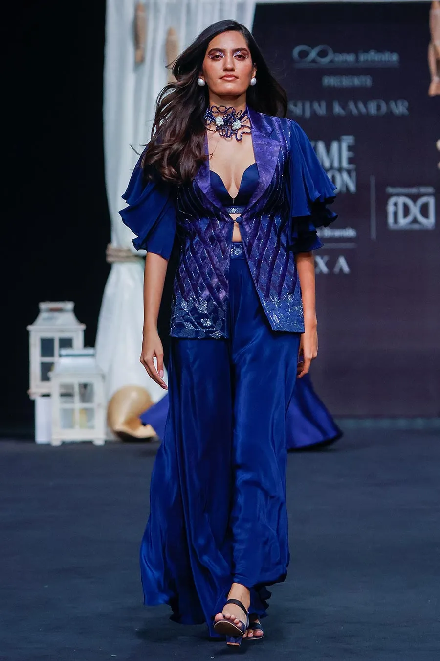 Deep Blue Ajrakh Embroidered Bralette, Blazer & Pant Set