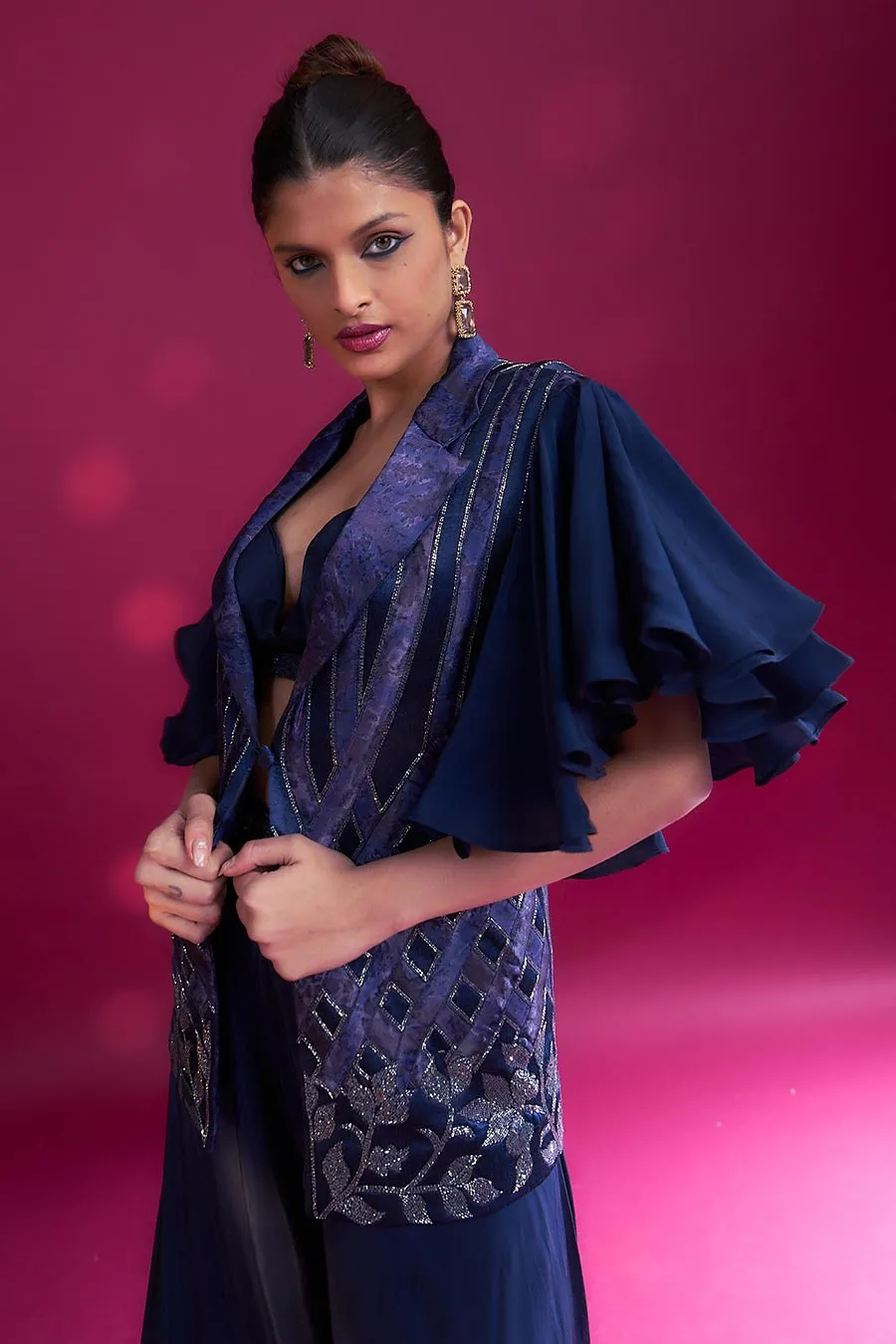 Deep Blue Ajrakh Embroidered Bralette, Blazer & Pant Set