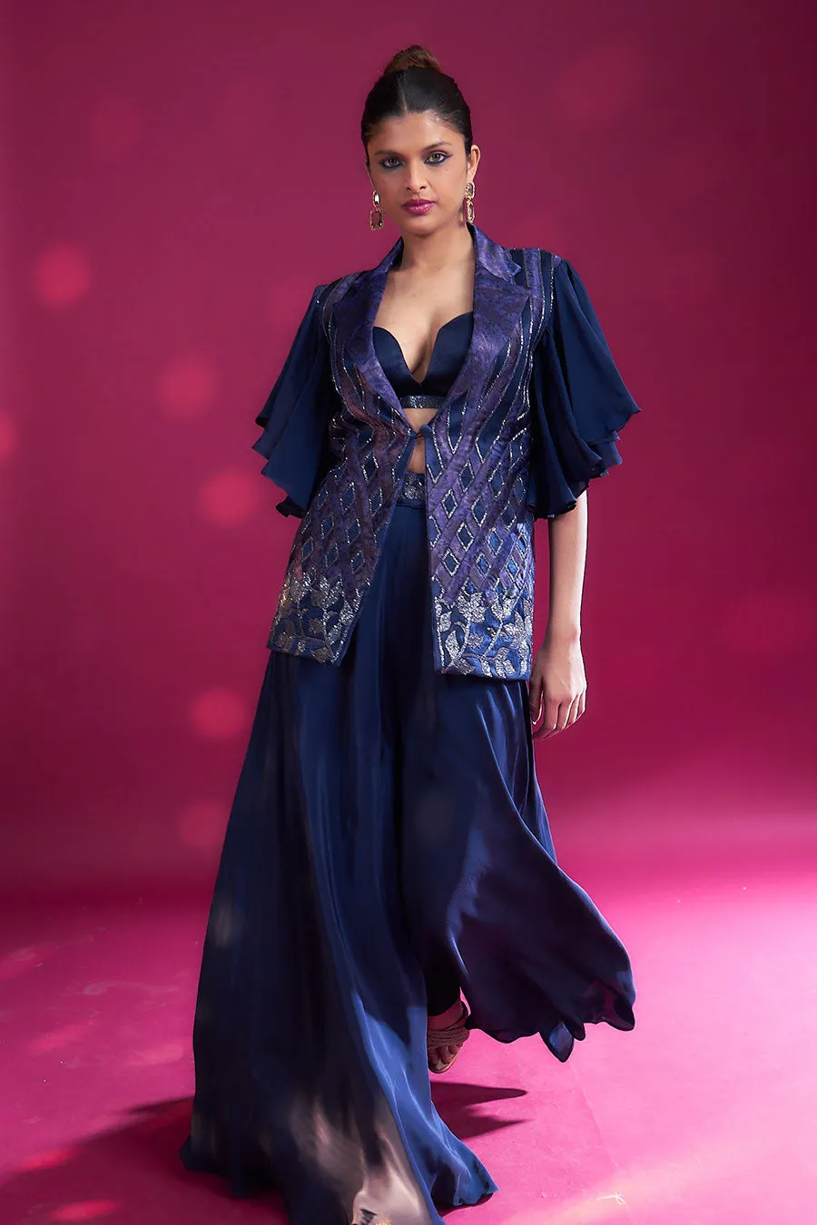 Deep Blue Ajrakh Embroidered Bralette, Blazer & Pant Set