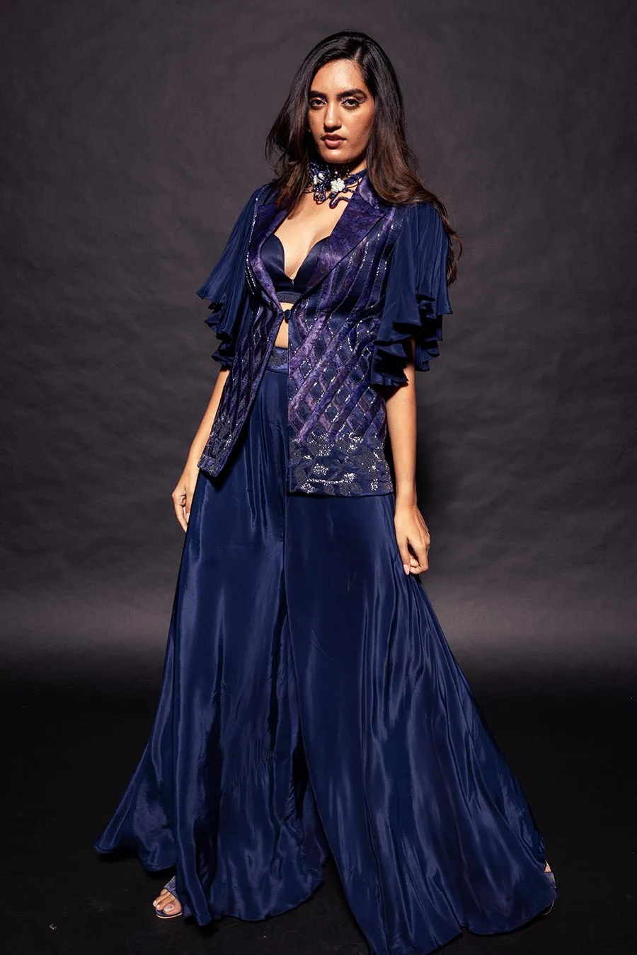 Deep Blue Ajrakh Embroidered Bralette, Blazer & Pant Set