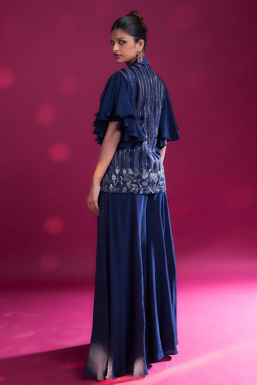 Deep Blue Ajrakh Embroidered Bralette, Blazer & Pant Set