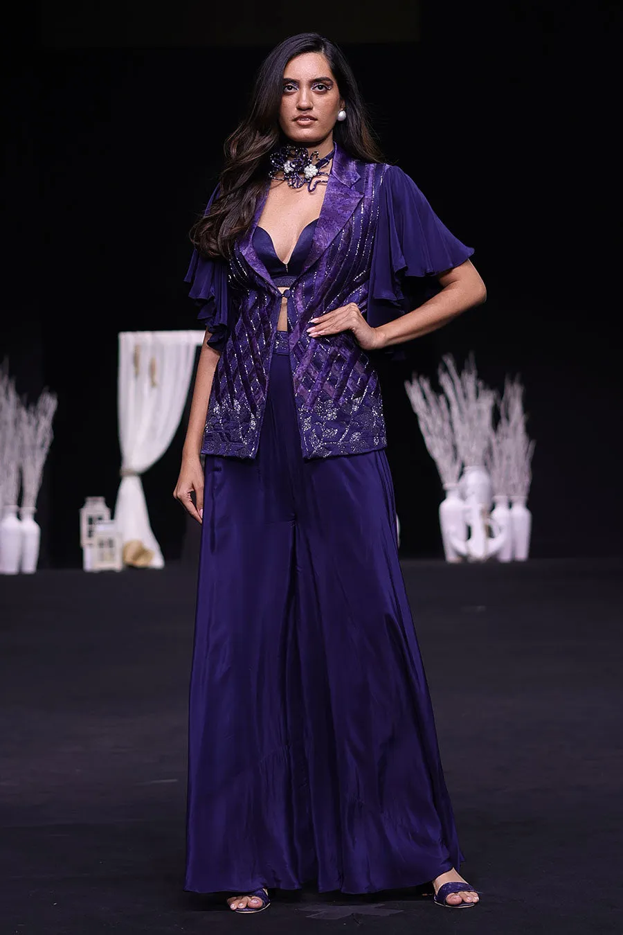 Deep Blue Ajrakh Embroidered Bralette, Blazer & Pant Set