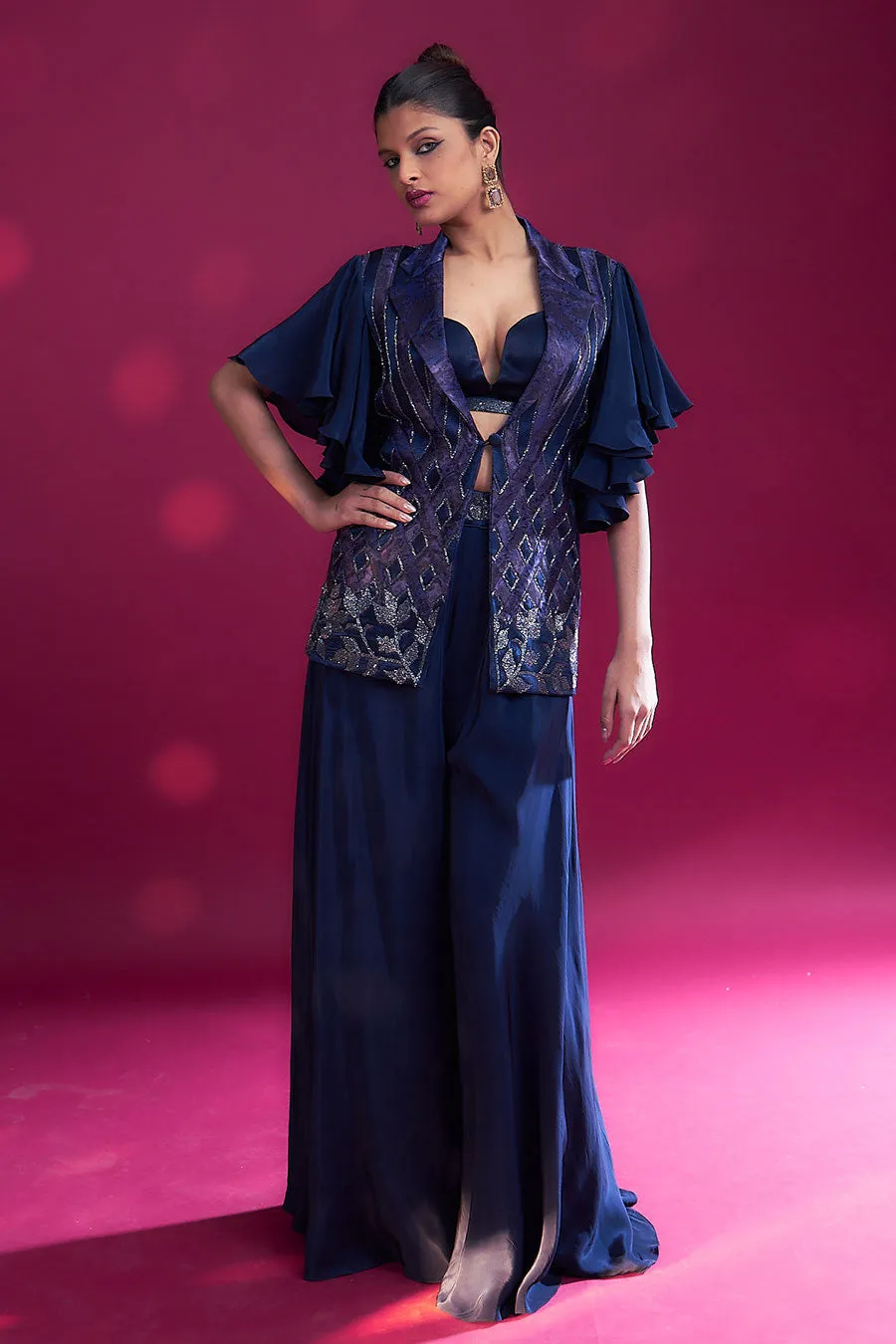 Deep Blue Ajrakh Embroidered Bralette, Blazer & Pant Set