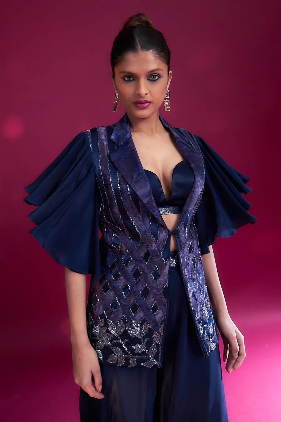 Deep Blue Ajrakh Embroidered Bralette, Blazer & Pant Set