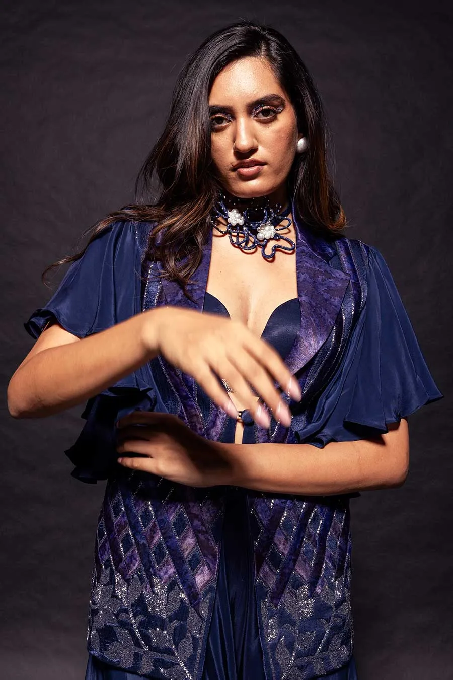 Deep Blue Ajrakh Embroidered Bralette, Blazer & Pant Set