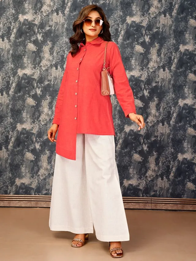 elegant asymmetric button down shirt with a flared pants set in Cotton Flex - Orange