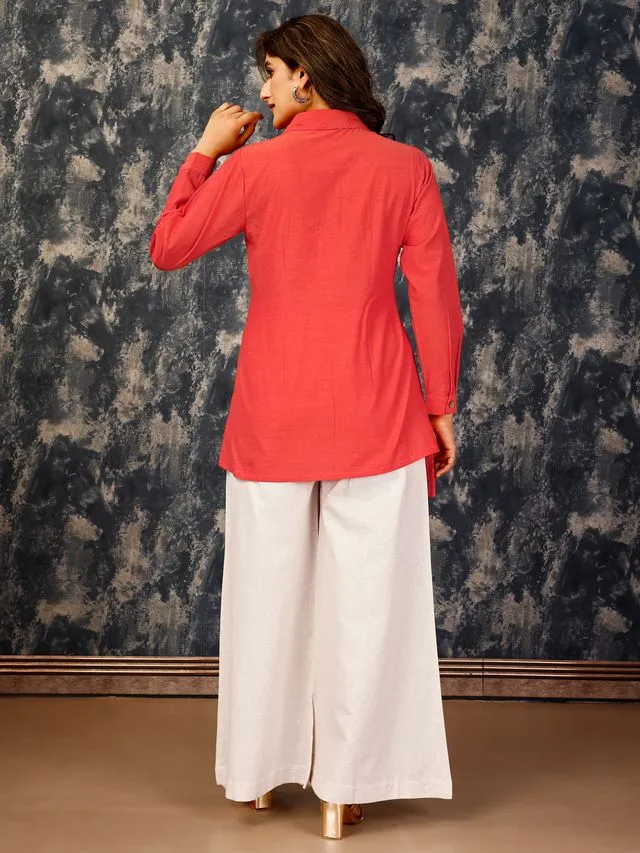 elegant asymmetric button down shirt with a flared pants set in Cotton Flex - Orange