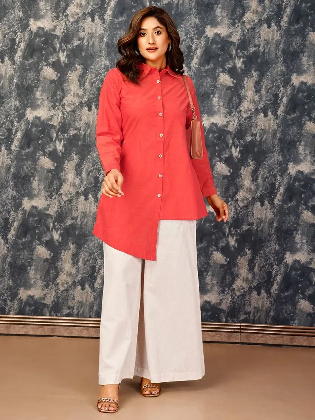 elegant asymmetric button down shirt with a flared pants set in Cotton Flex - Orange