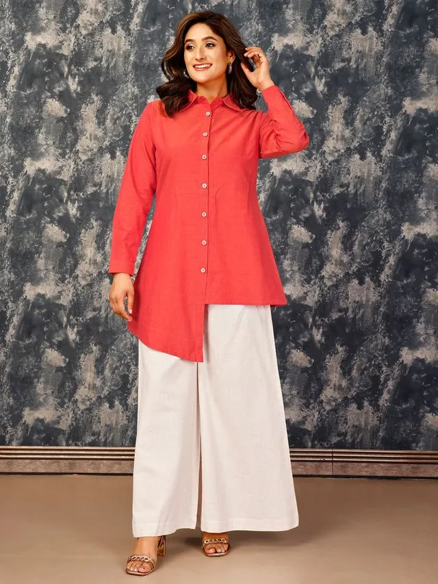 elegant asymmetric button down shirt with a flared pants set in Cotton Flex - Orange