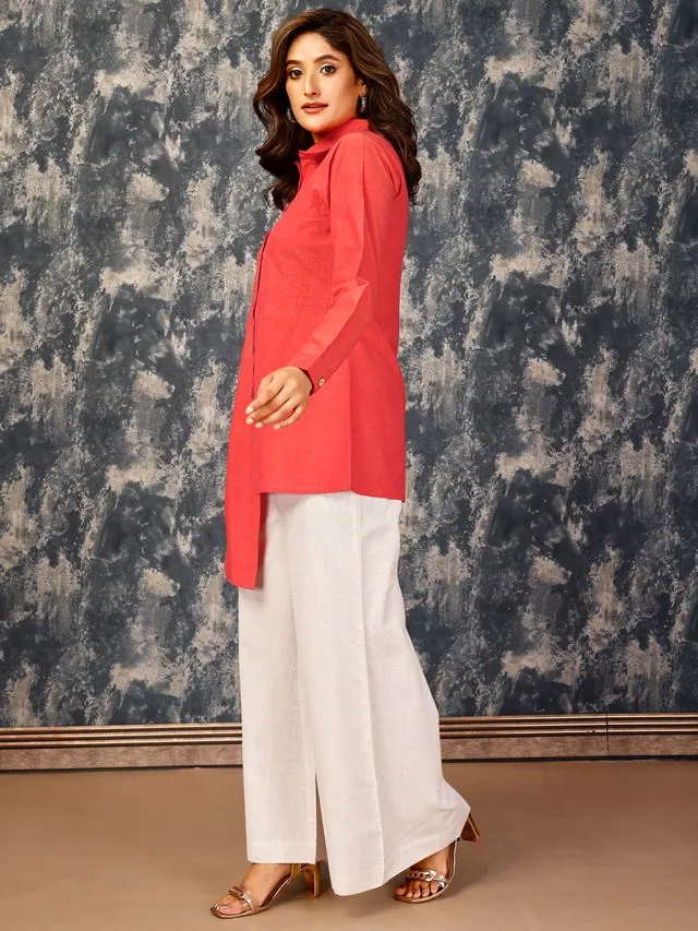 elegant asymmetric button down shirt with a flared pants set in Cotton Flex - Orange