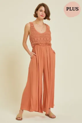 Final Sale - CROCHET-TRIMMED GAUZE JUMPSUIT in Tangerine (PLUS/EXTENDED SIZES/1XL-3XL)