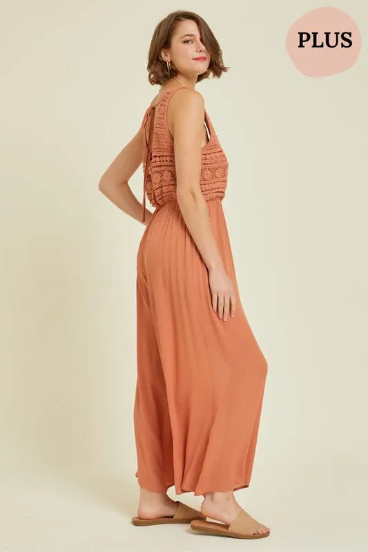 Final Sale - CROCHET-TRIMMED GAUZE JUMPSUIT in Tangerine (PLUS/EXTENDED SIZES/1XL-3XL)