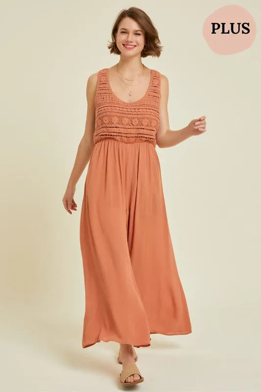 Final Sale - CROCHET-TRIMMED GAUZE JUMPSUIT in Tangerine (PLUS/EXTENDED SIZES/1XL-3XL)