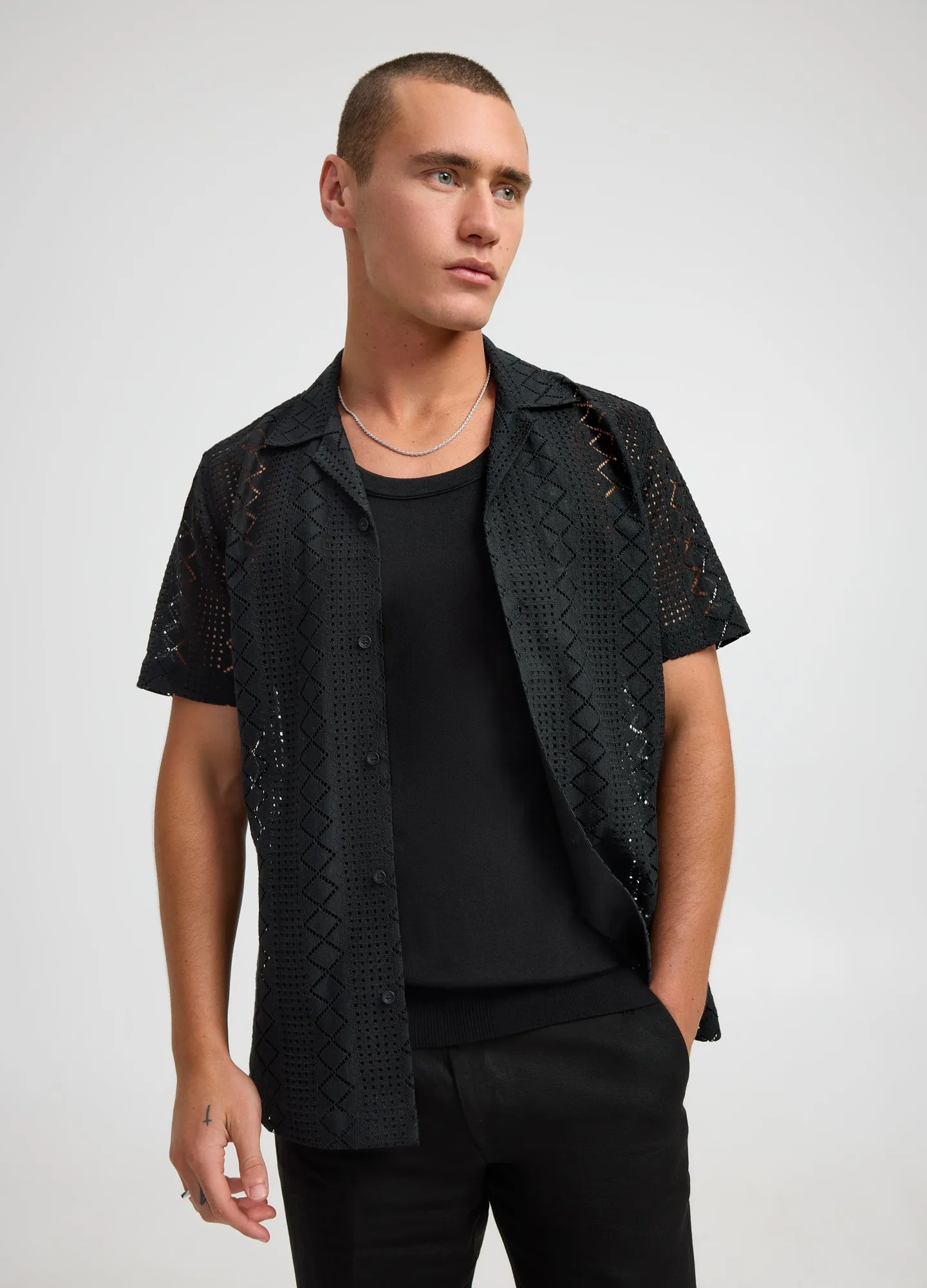 Geo Lace Short Sleeve Shirt Black