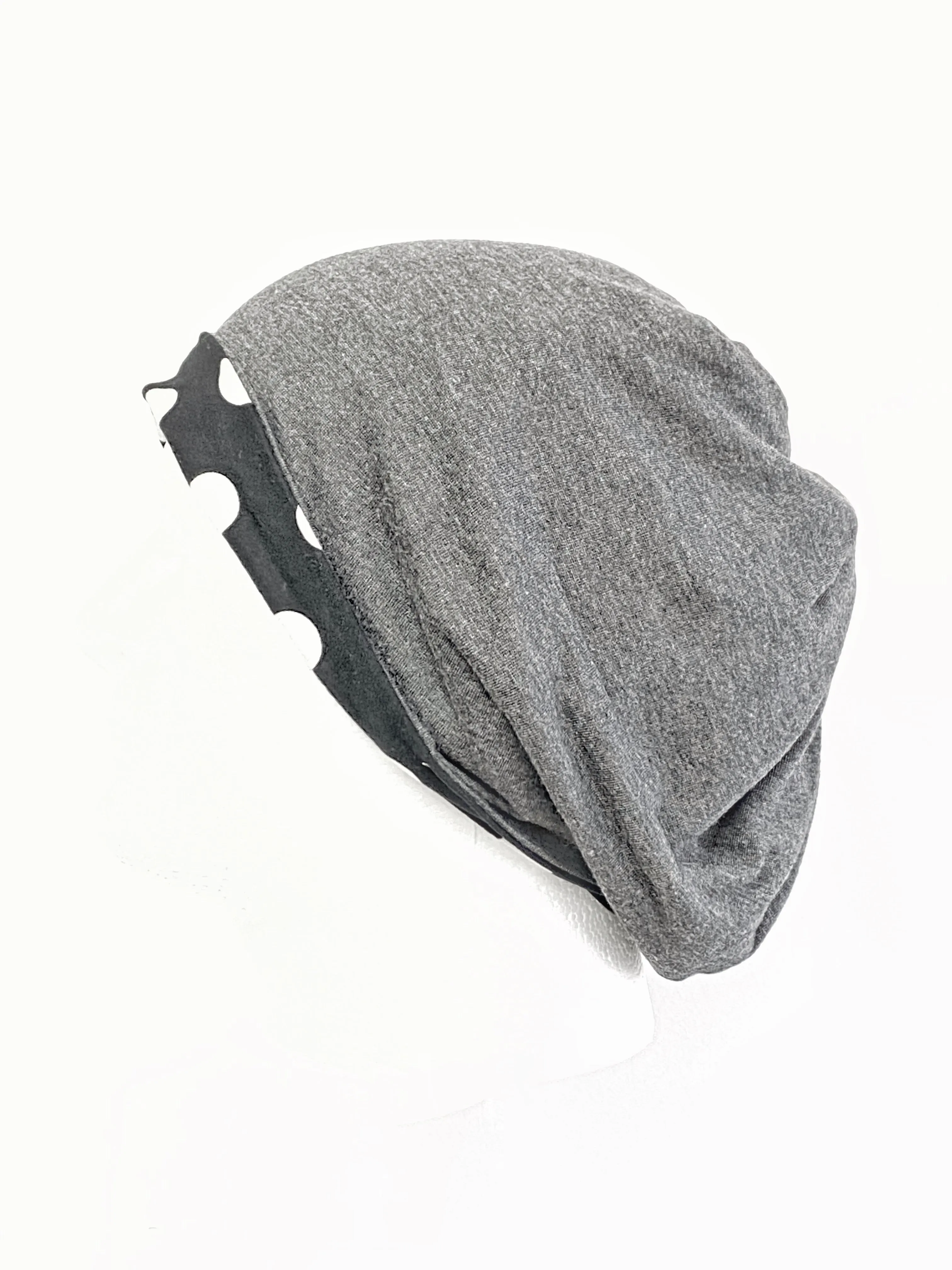 Grey and Black and White Dots Beanie Hat for Women, Large, Stretch Jersey Hat, Soft Cotton Beanie, Large, L431