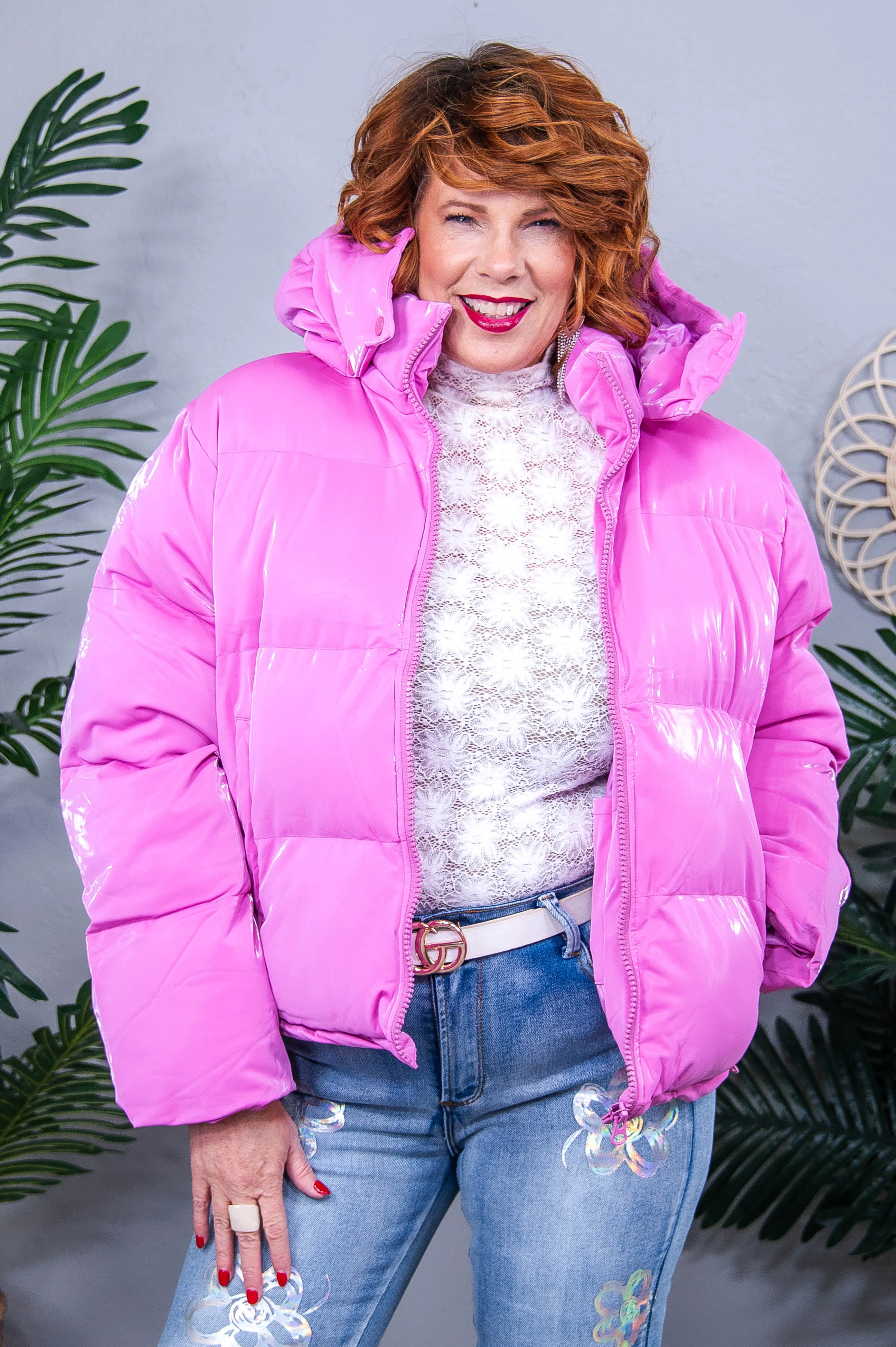 Headed To The Slopes Pink Faux Leather Puffer Jacket - O5674PK