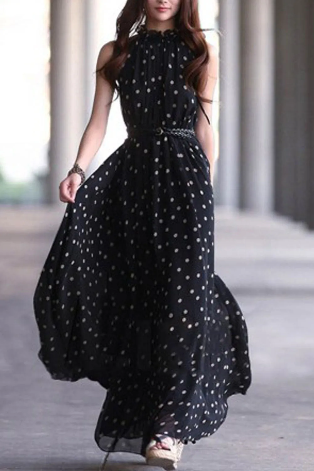 Ketty More Women Wave Point Collar Neck Big Swing Doted Dress-TCWD313