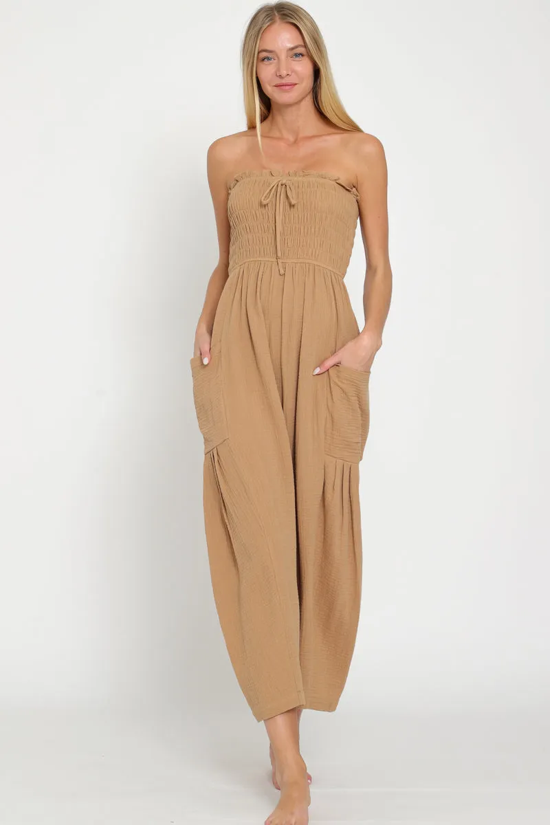 Khaki Tube Smocked Ankle Jumpsuit